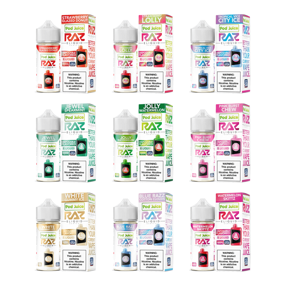 Pod Juice plus RAZ Disposables Collab E-Liquid 100mL – Freebase- Group Photo