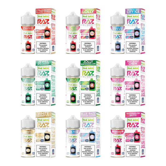 Pod Juice plus RAZ Disposables Collab E-Liquid 100mL – Freebase- Group Photo