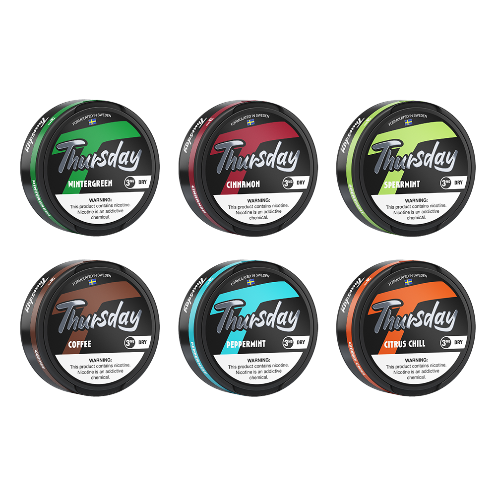 Thursday Dry Nicotine Pouches | 20ct Can | 5pc Display | Group photo