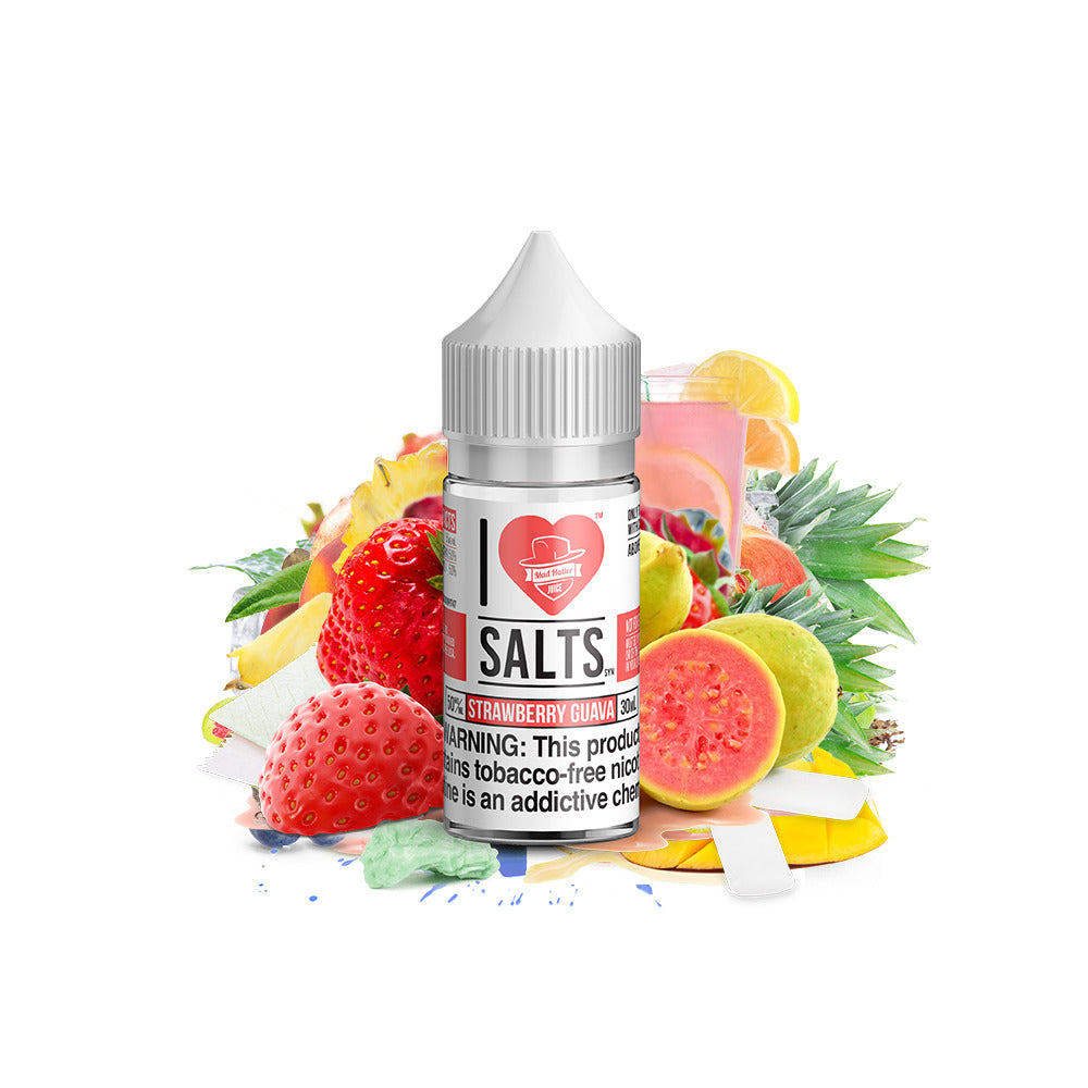 Strawberry Guava Salt by M ad Hatter EJuice 30ml bottle with Background