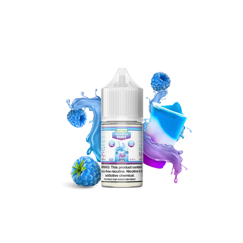 Blue Razz Slushy by Pod Juice Salts Series 30mL bottle with background
