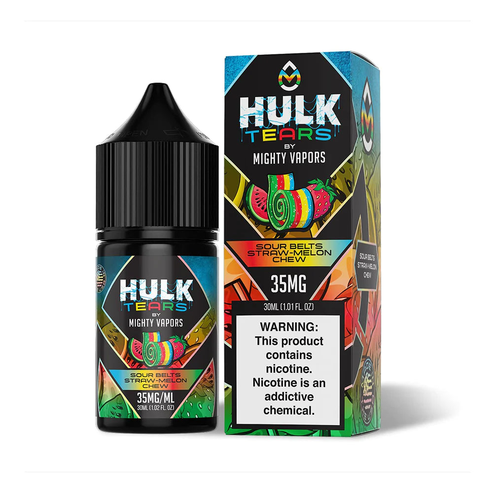 Sour Belts Straw-Melon Chew by Mighty Vapors Hulk Tears Salt Series E-Liquid 30mL (Salt Nic) with packaging