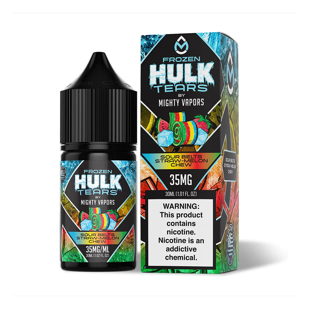 Frozen Sour Belts by Mighty Vapors Hulk Tears Salt Series E-Liquid 30mL (Salt Nic) bottle with packaging