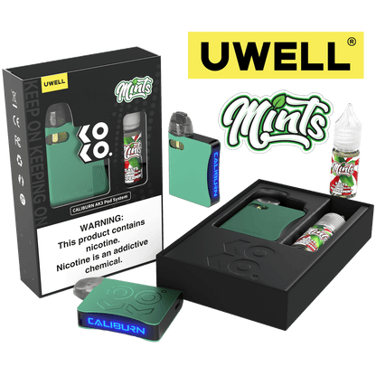 Uwell Caliburn AK3 Kit + A3S 0.8ohm Pods (x2) + Daddy's Vapor 10mL Salts 50mg Color: Cyan Flavor: Peppermint 50mg