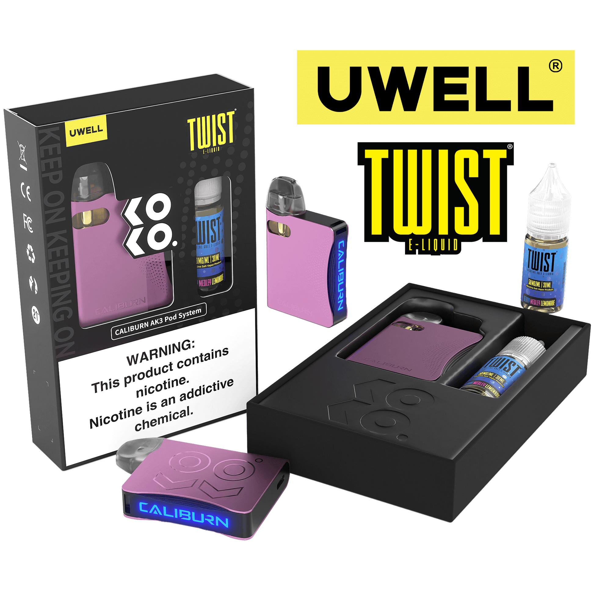 Uwell Caliburn AK3 Kit + A3S 0.8ohm Pods (x2) + Daddy's Vapor 10mL Salts 50mg  Color: Pink Flavor: Berry Medley Lemonade