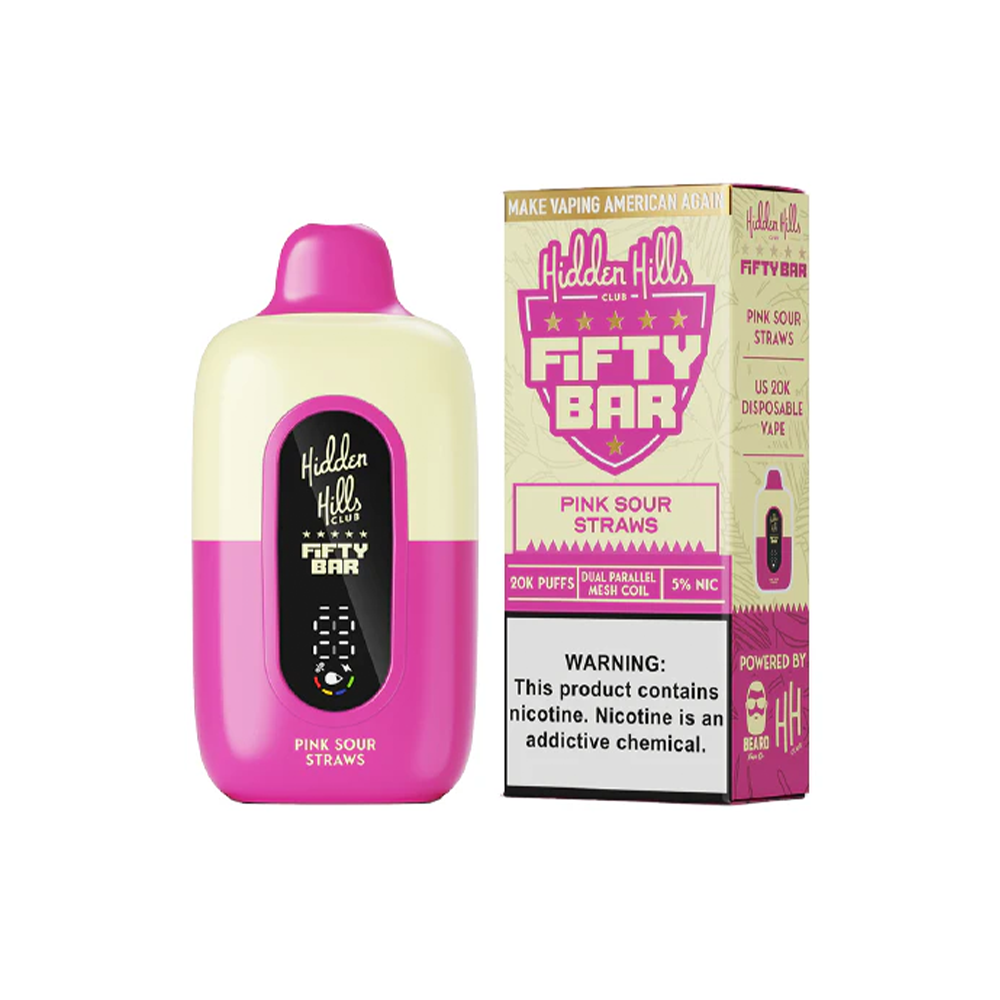 Fifty Bar 20K Hidden Hills Disposable 20000 Puffs 18mL 50mg - pink sour straws with packaging