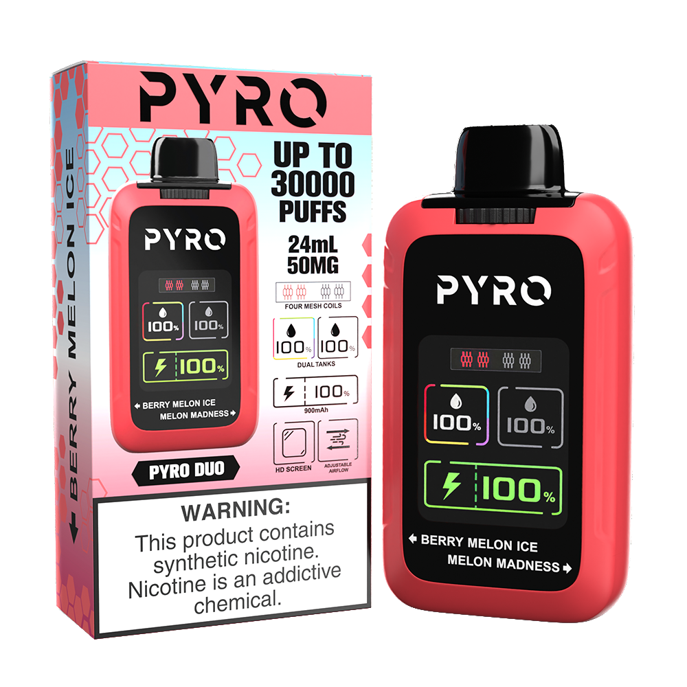 Pyro Duo Disposable | 30000 Puffs | 24mL | 50mg | berry melon ice / melon madness with packaging