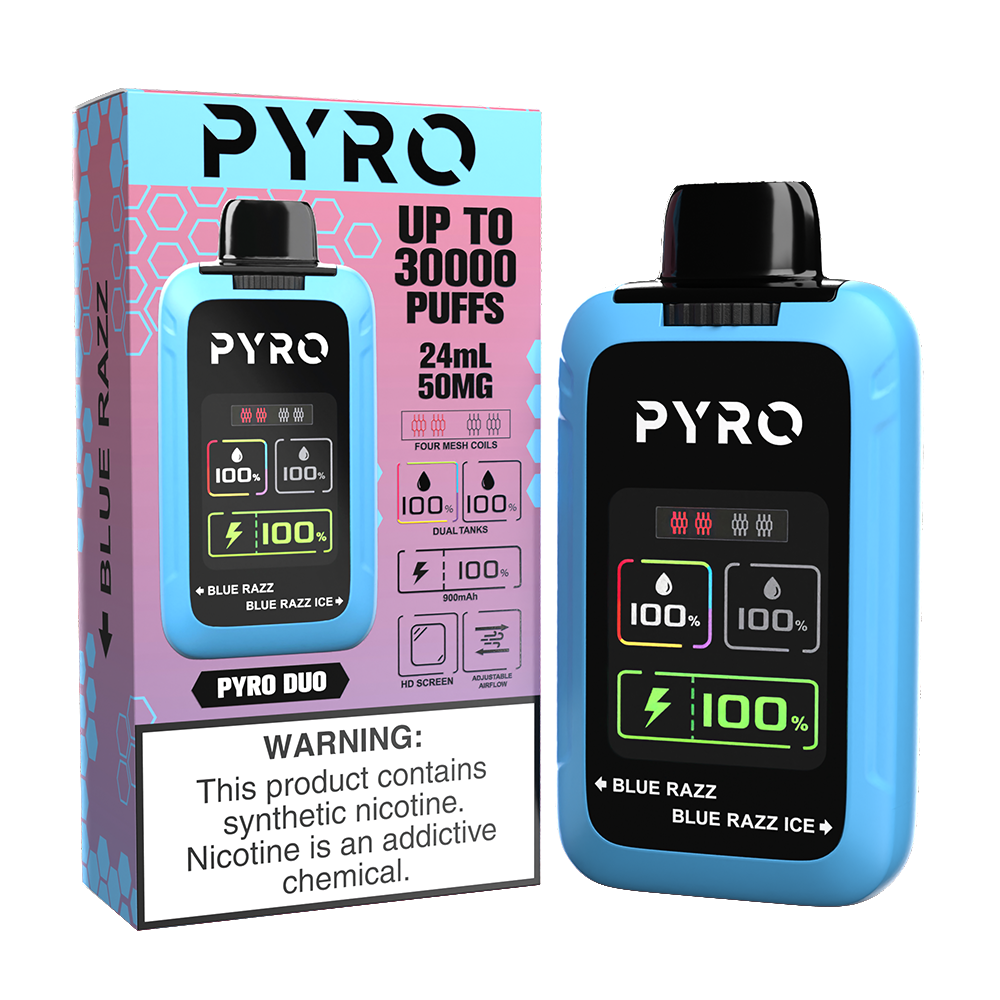 Pyro Duo Disposable | 30000 Puffs | 24mL | 50mg | blue razz/ blue razz ice with packaging
