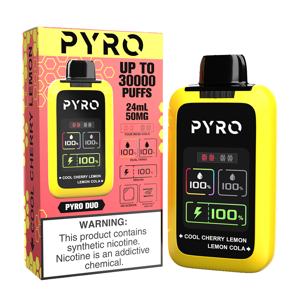 Pyro Duo Disposable | 30000 Puffs | 24mL | 50mg | cool cherry lemon/ lemon cola with packaging