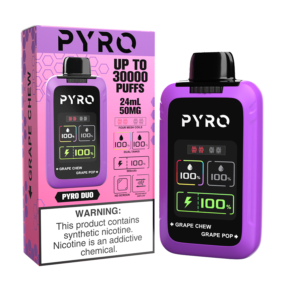 Pyro Duo Disposable | 30000 Puffs | 24mL | 50mg | grape chew / grape pop with packaging