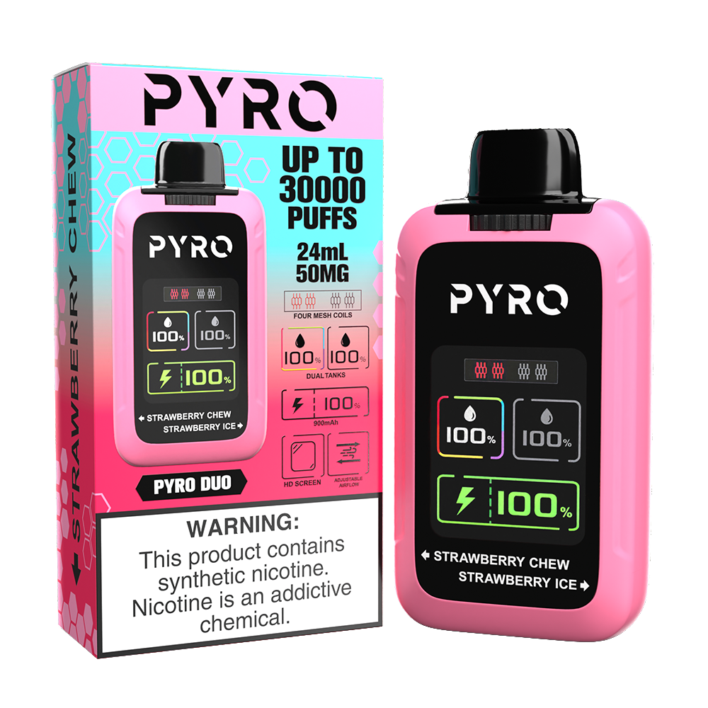 Pyro Duo Disposable | 30000 Puffs | 24mL | 50mg | strawberry chew/ strawberry ice with packaging
