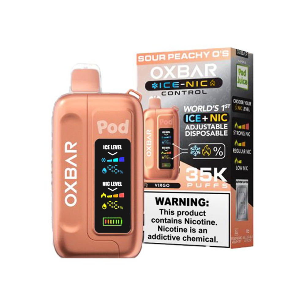 Oxbar Ice-Nic Control Pod Juice Edition Disposable | 35000 Puffs | 14mL | 50mg | sour peachy O's with packaging