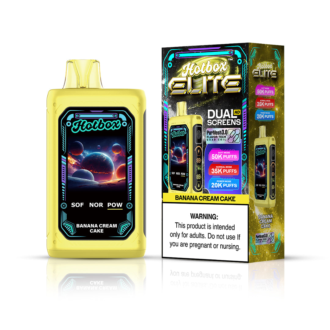 Puff Labs Hotbox Elite Disposable | 50000 Puffs | 30mL | 50mg | Banana Cream Cake with packaging