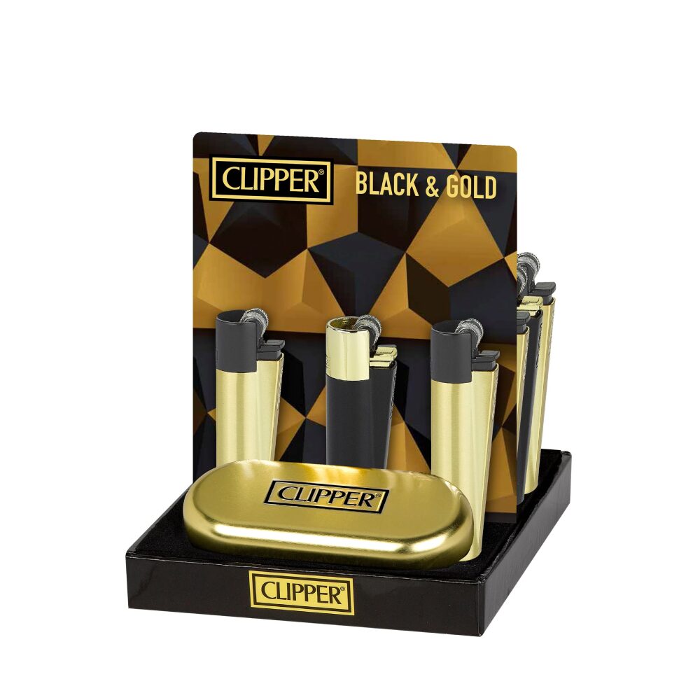 Clipper (DSPLY 12pc)(Lighter) CMP11 Metal Flint - Black & Gold (SAS)