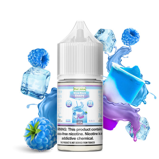 Blue Razz Slushy Freeze by Pod Juice Salts Series 30mL bottle with background
