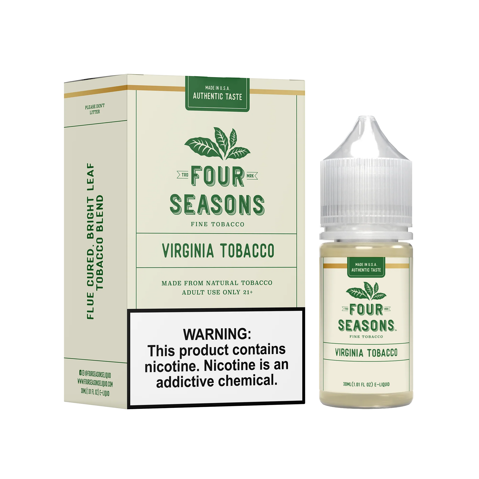 Virginia Tobacco by Four Seasons Series E-Liquid 30mL (Freebase) bottle with packaging