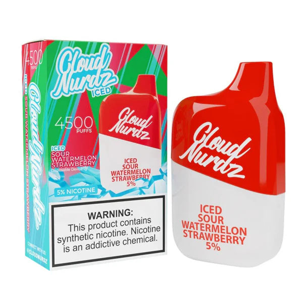 Cloud Nurdz 0% Disposable 4500 Puff 12mL 00mg - Sour Watermelon Strawberry Iced with packaging