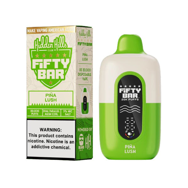 Fifty Bar 20K Hidden Hills Disposable 20000 Puffs 18mL 50mg | Piña Lush with packaging