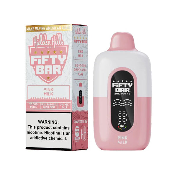 Fifty Bar 20K Hidden Hills Disposable 20000 Puffs 18mL 50mg | Pink Milk with packaging