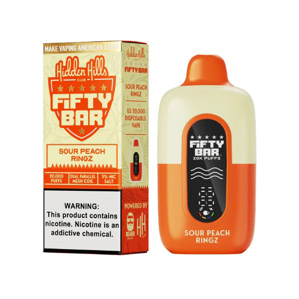 Fifty Bar 20K Hidden Hills Disposable 20000 Puffs 18mL 50mg | Sour Peach Ringz with packaging
