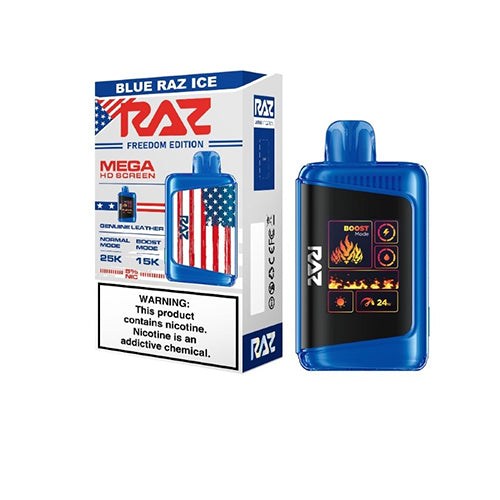 RAZ DC25000 Disposable | 25000 Puffs | 16mL | 50mg | freedom edition blue razz ice with packaging