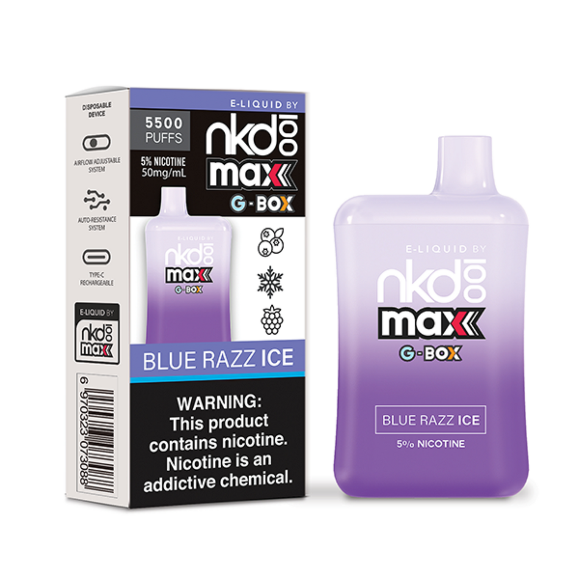 Naked100 Max G-Box Disposable | 5500 Puffs | 14mL | 50mg Blue Razz Ice with Packaging