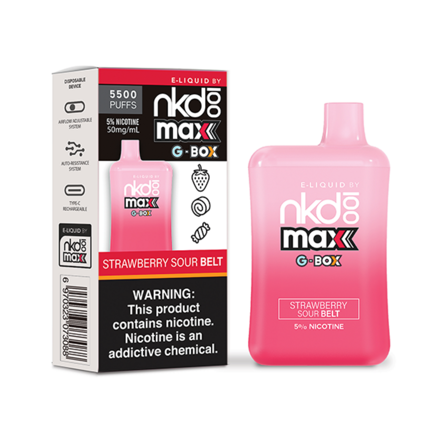 Naked100 Max G-Box Disposable | 5500 Puffs | 14mL | 50mg Strawberry Sour Belt with Packaging