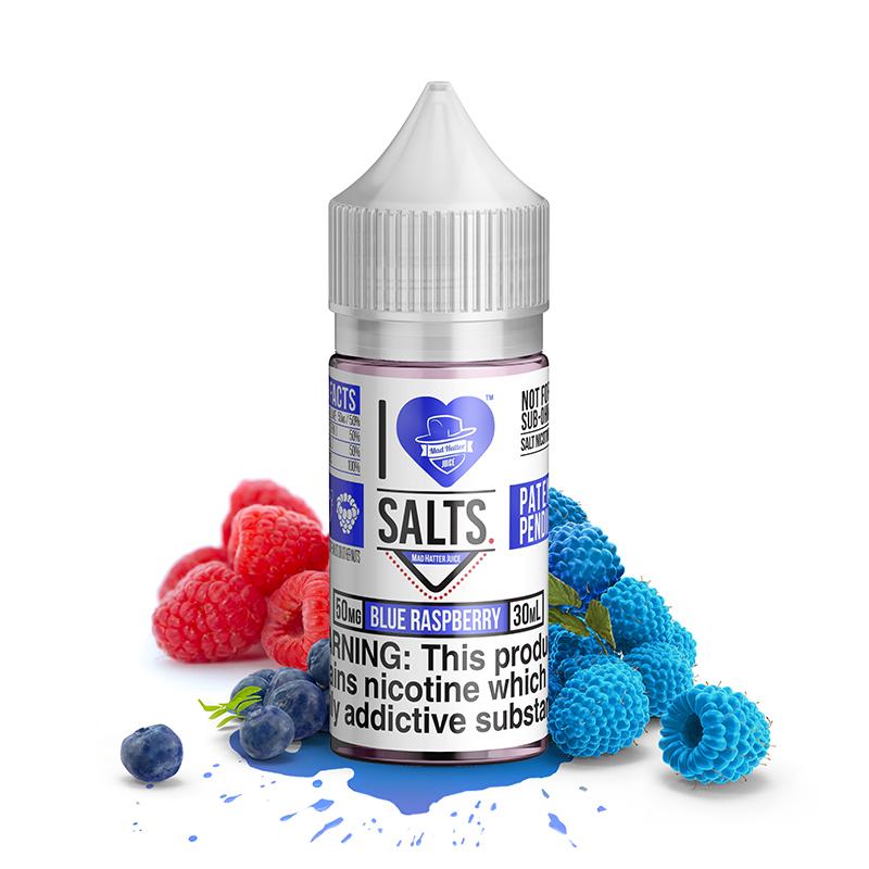 Blue Raspberry Salt by Mad Hatter EJuice 30ml bottle with Background