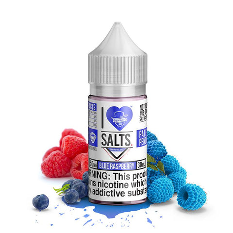 Blue Raspberry Salt by Mad Hatter EJuice 30ml bottle with Background 