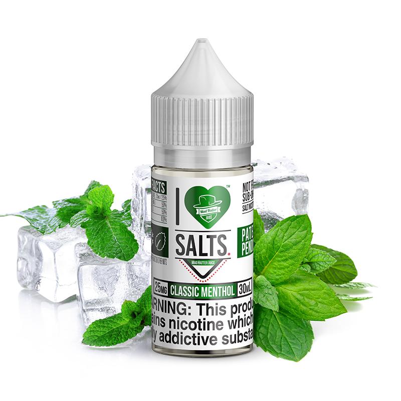 Classic Menthol Salt by Mad Hatter EJuice 30ml bottle with Background