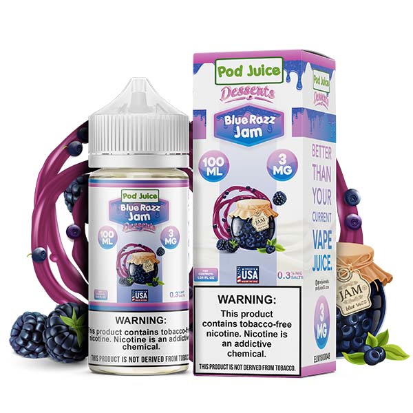 Blue Razz Jam by Pod Juice TFN Series 100mL with packaging and background