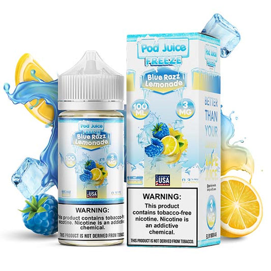 Blue Razz Lemonade Freeze by Pod Juice TFN Series 100mL with packaging and background