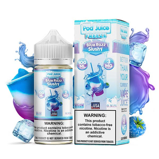 Blue Razz Slushy Freeze by Pod Juice TFN Series 100mL with packaging and background