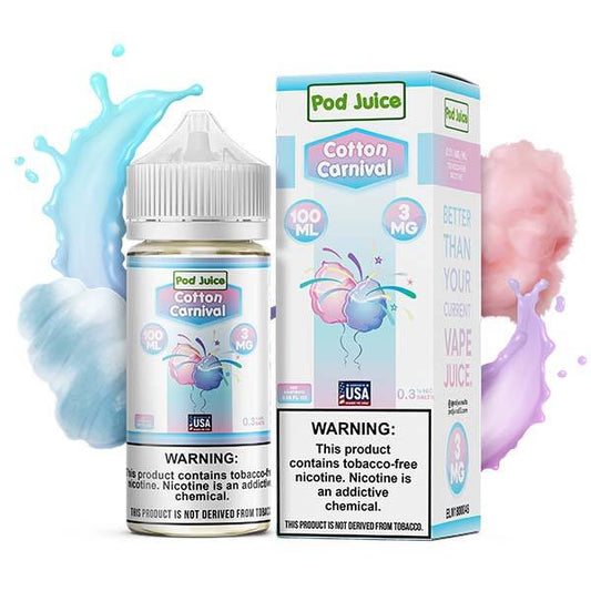 Cotton Carnival by Pod Juice TFN Series 100mL with packaging and background
