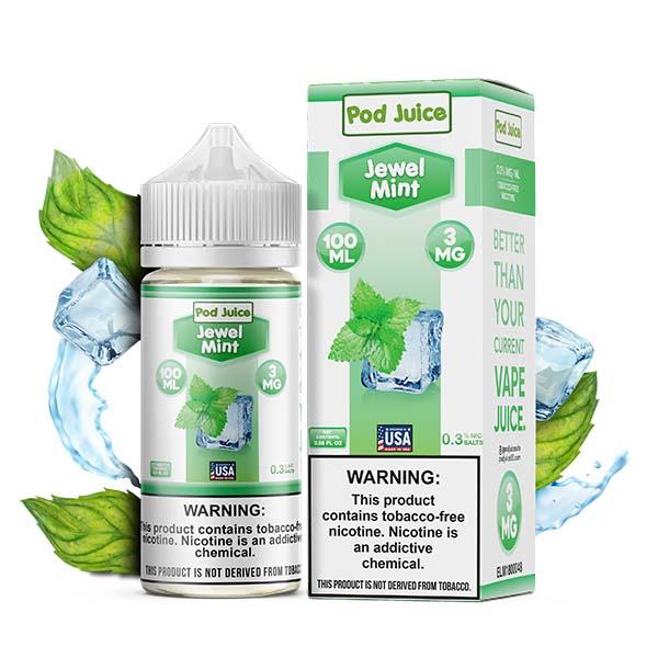 Jewel Mint by Pod Juice TFN Series 100mL with packaging and background
