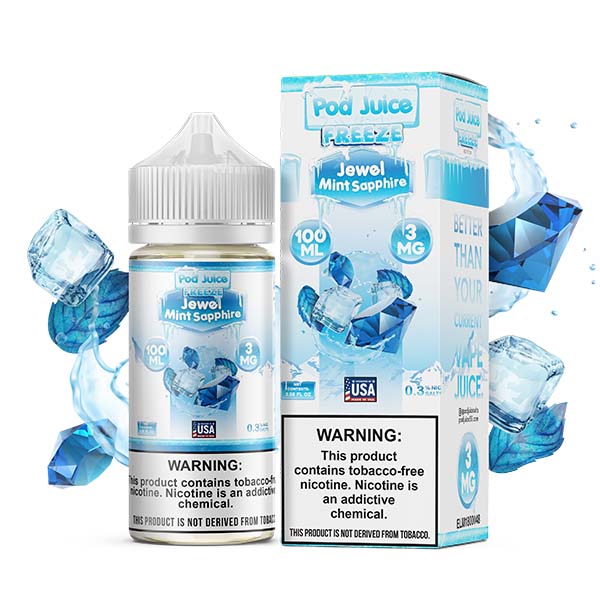 Jewel Mint Sapphire Freeze by Pod Juice TFN Series 100mL with packaging and background