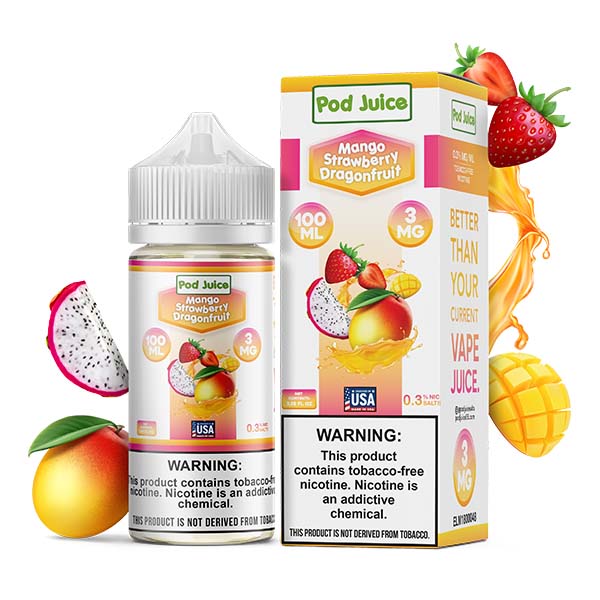 Mango Strawberry Dragonfruit by Pod Juice TFN Series 100mL with packaging and background