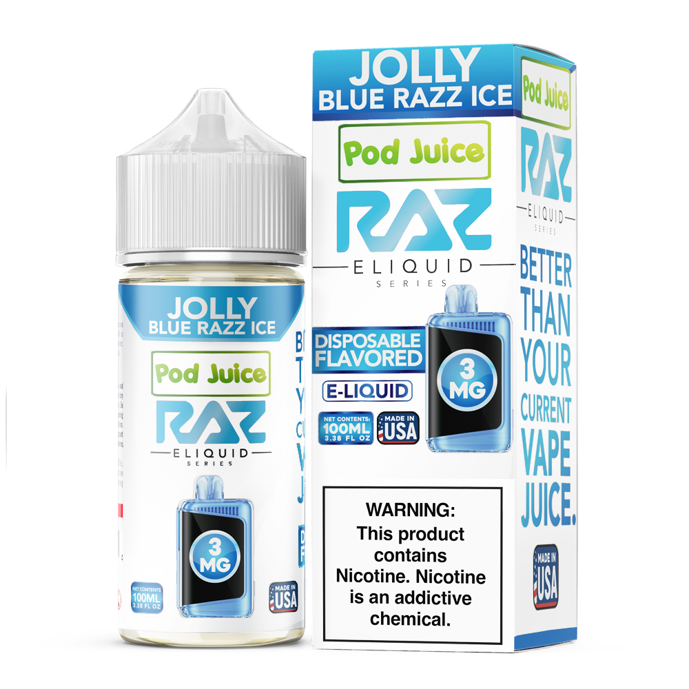 Jolly Blue Razz Ice by Pod Juice + RAZ Disposables Collab E-Liquid 100mL (Freebase) with packaging