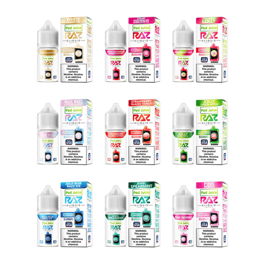  Pod Juice plus RAZ Disposables Collab Salt E-Liquid 30mL – Salt Nic- Group Photo