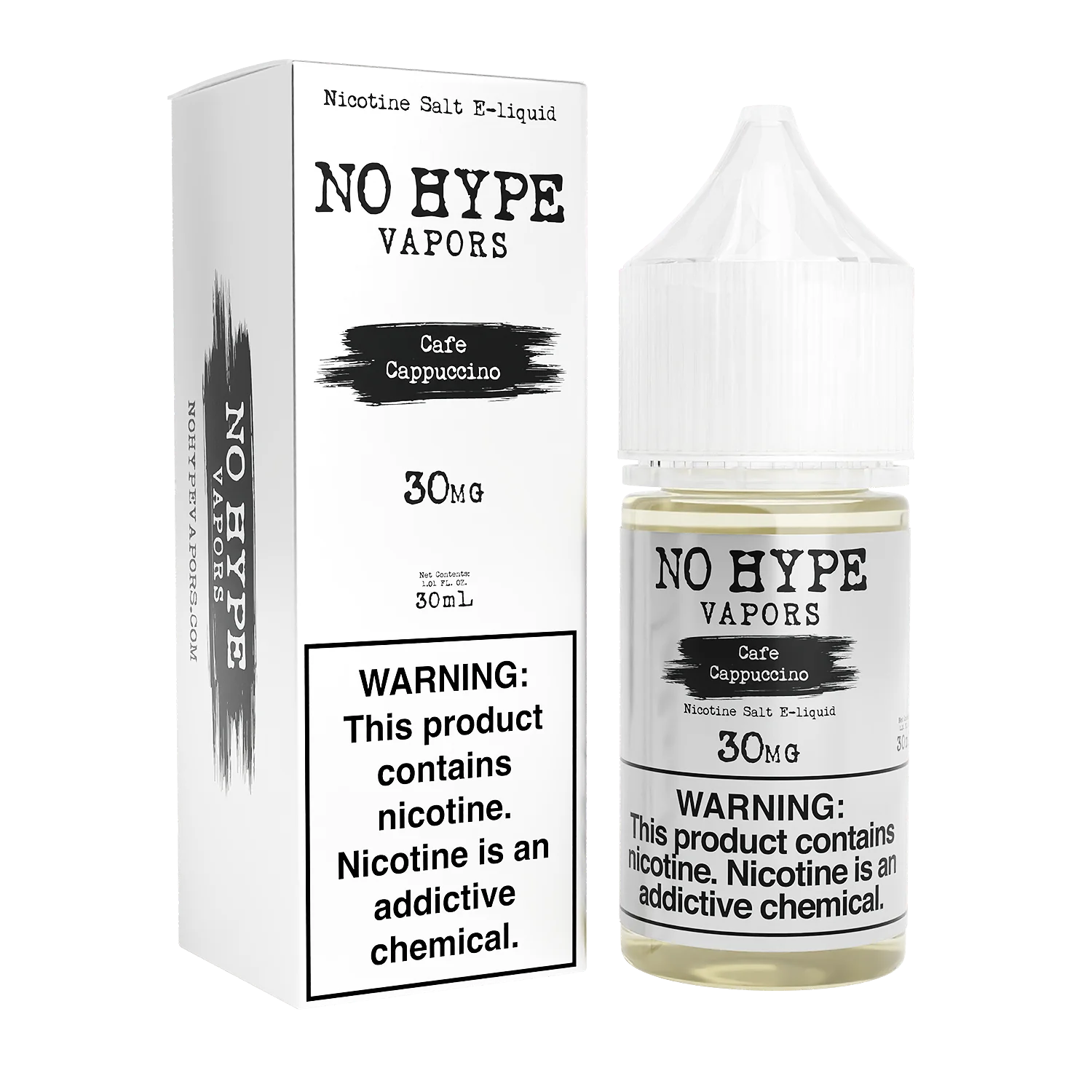 Café Cappuccino by No Hype E-Liquid 30mL Salt Nic bottle with packaging