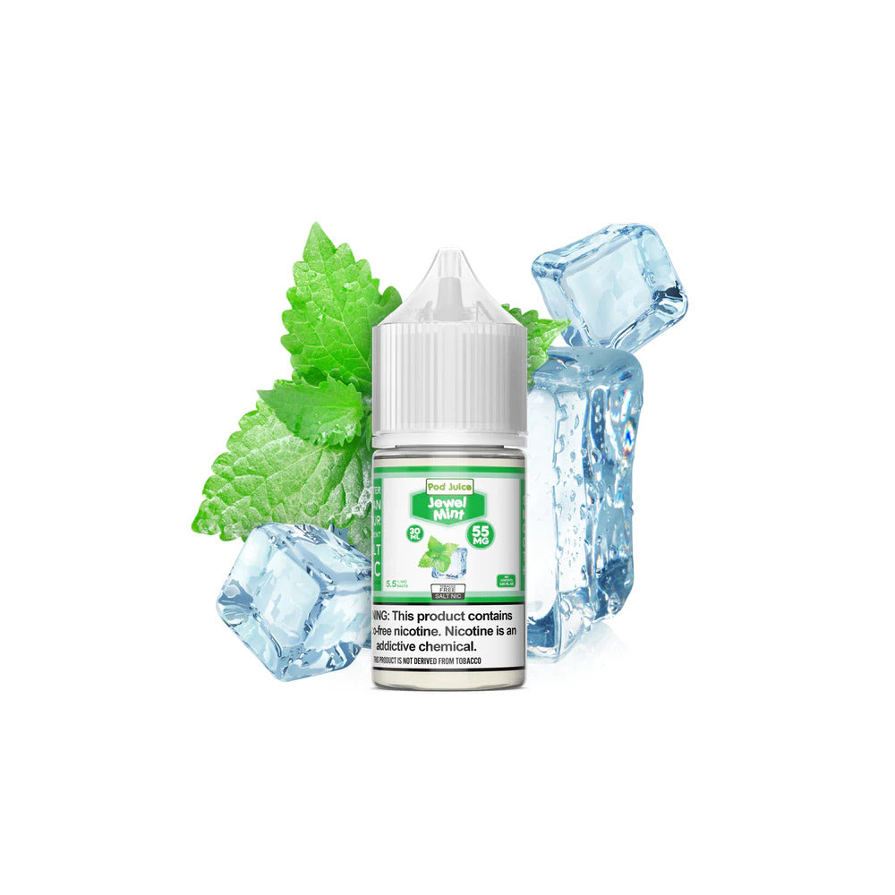 Jewel Mint by Pod Juice TFN Salt Series E-Liquid 30mL (Salt Nic) bottle with Background 