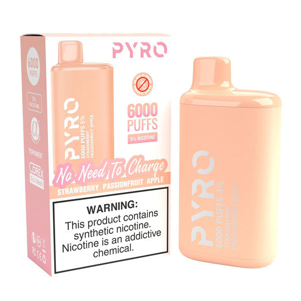 Pyro Disposable 6000 Puffs 13ml - Strawberry Passionfruit Apple 50mg with packaging