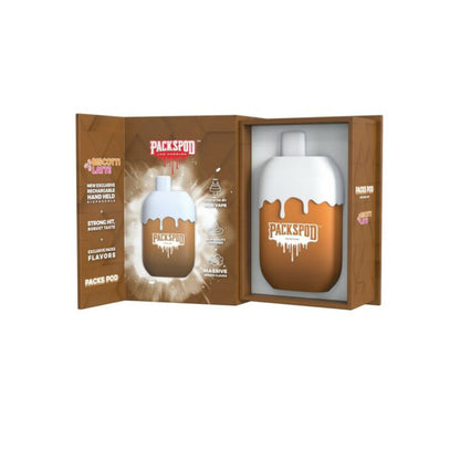 Packspod Disposable | 5000 Puffs | 12mL | 50mg Limited Edition Biscotti Latte with packaging