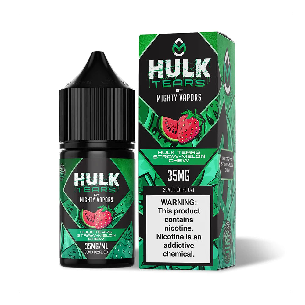 Hulk Tears Straw-Melon Chew by Mighty Vapors Hulk Tears Salt Series E-Liquid 30mL (Salt Nic) with packaging