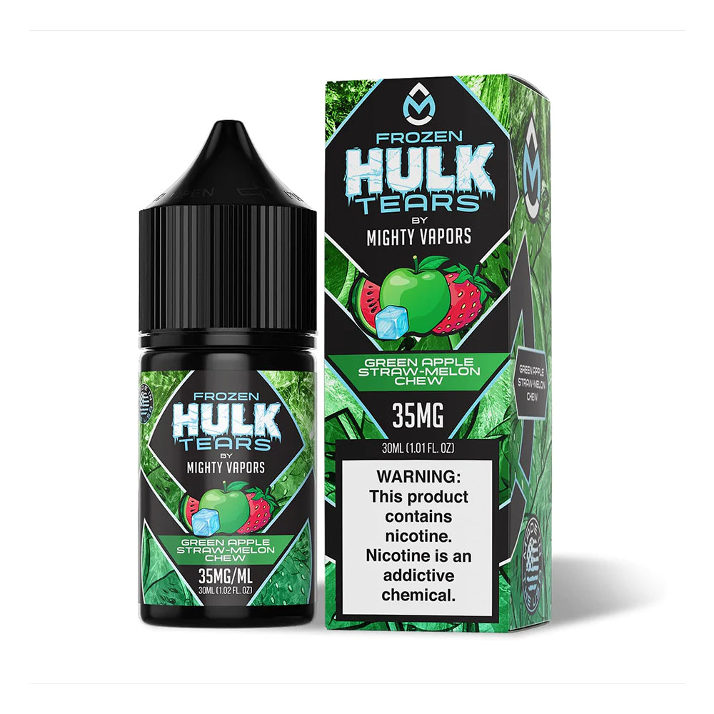 Frozen Green Apple Straw-Melon Chew by Mighty Vapors Hulk Tears Salt Series E-Liquid 30mL (Salt Nic) with packaging