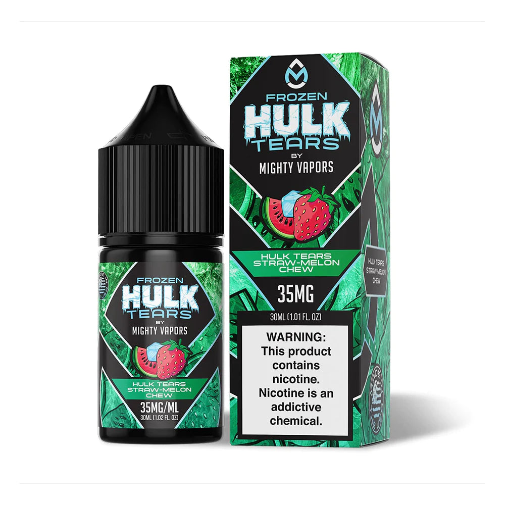 Frozen Hulk Tears Straw-Melon Chew by Mighty Vapors Hulk Tears Salt Series E-Liquid 30mL (Salt Nic) with packaging
