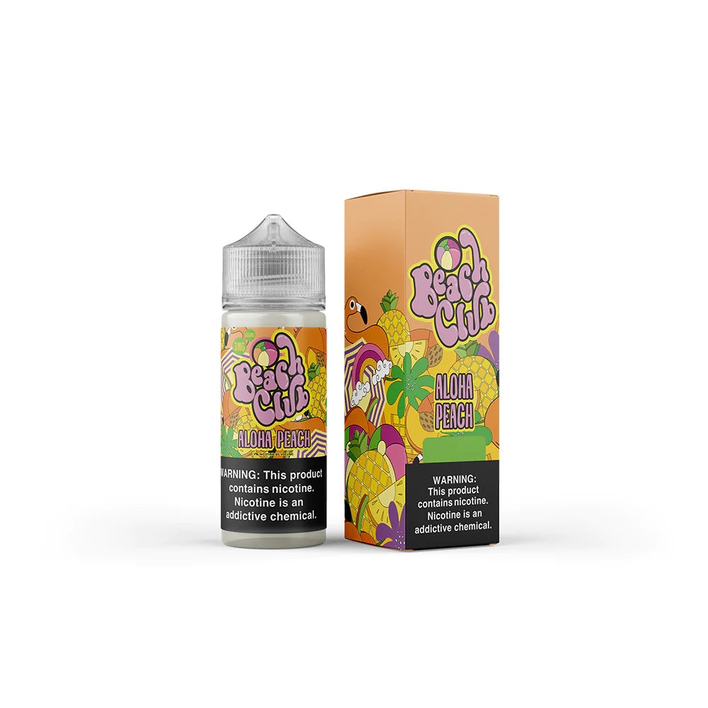 Aloha Peach by Beach Club E-Liquid 100mL (Freebase) bottle with packaging