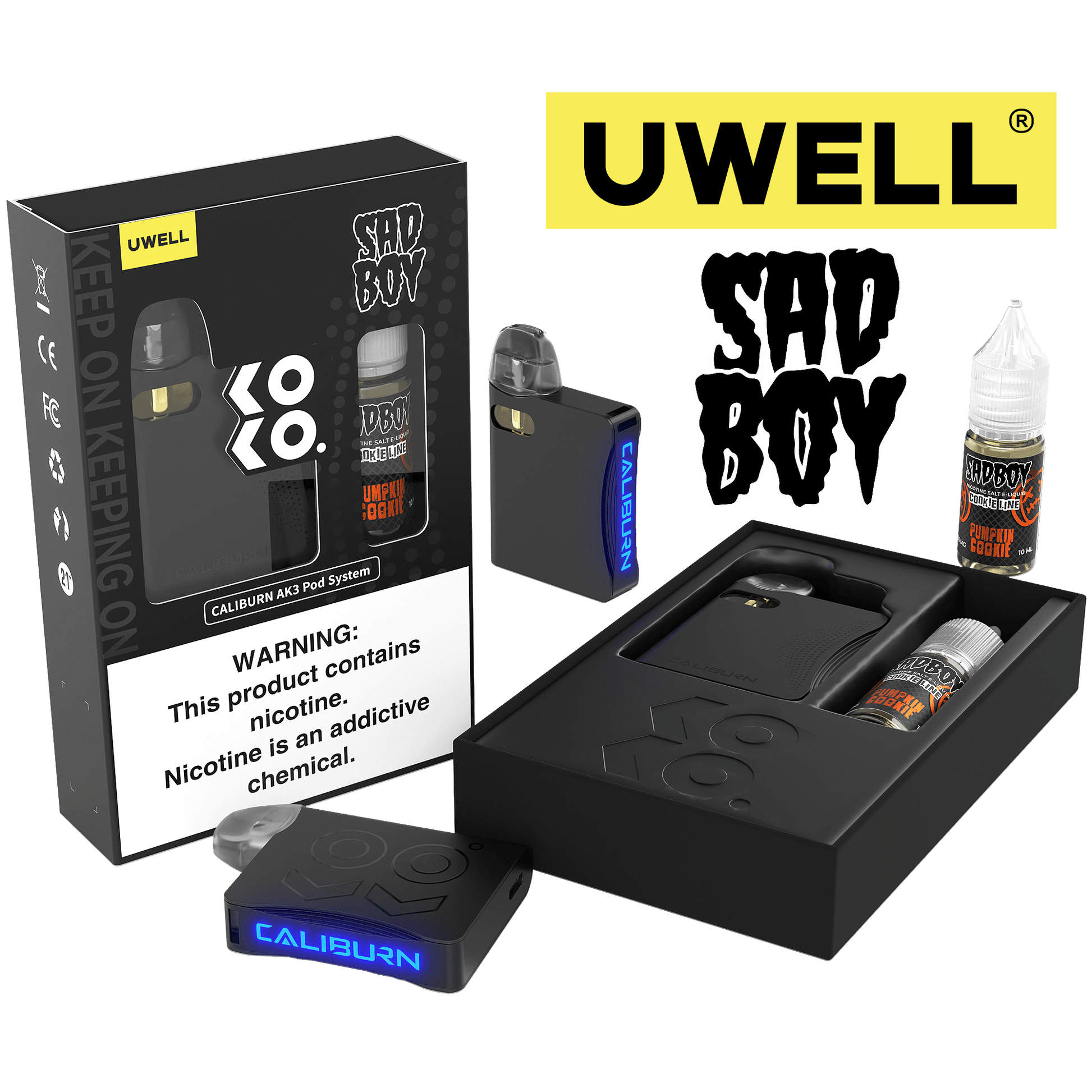 Uwell Caliburn AK3 Kit + A3S 0.8ohm Pods (x2) + Daddy's Vapor 10mL Salts 50mg Color: Black Flavor: Pumpkin Cookie 50mg