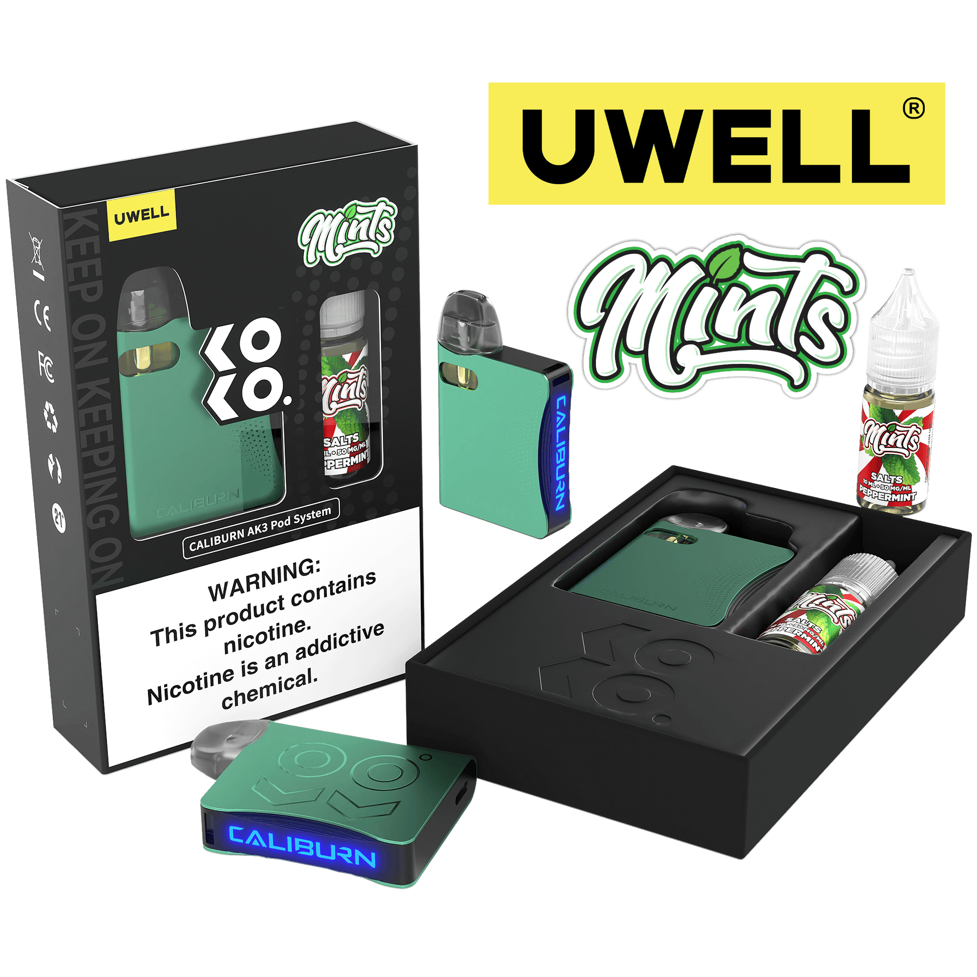 Uwell Caliburn AK3 Kit + A3S 0.8ohm Pods (x2) + Daddy's Vapor 10mL Salts 50mg Color: Cyan Flavor: Peppermint 50mg