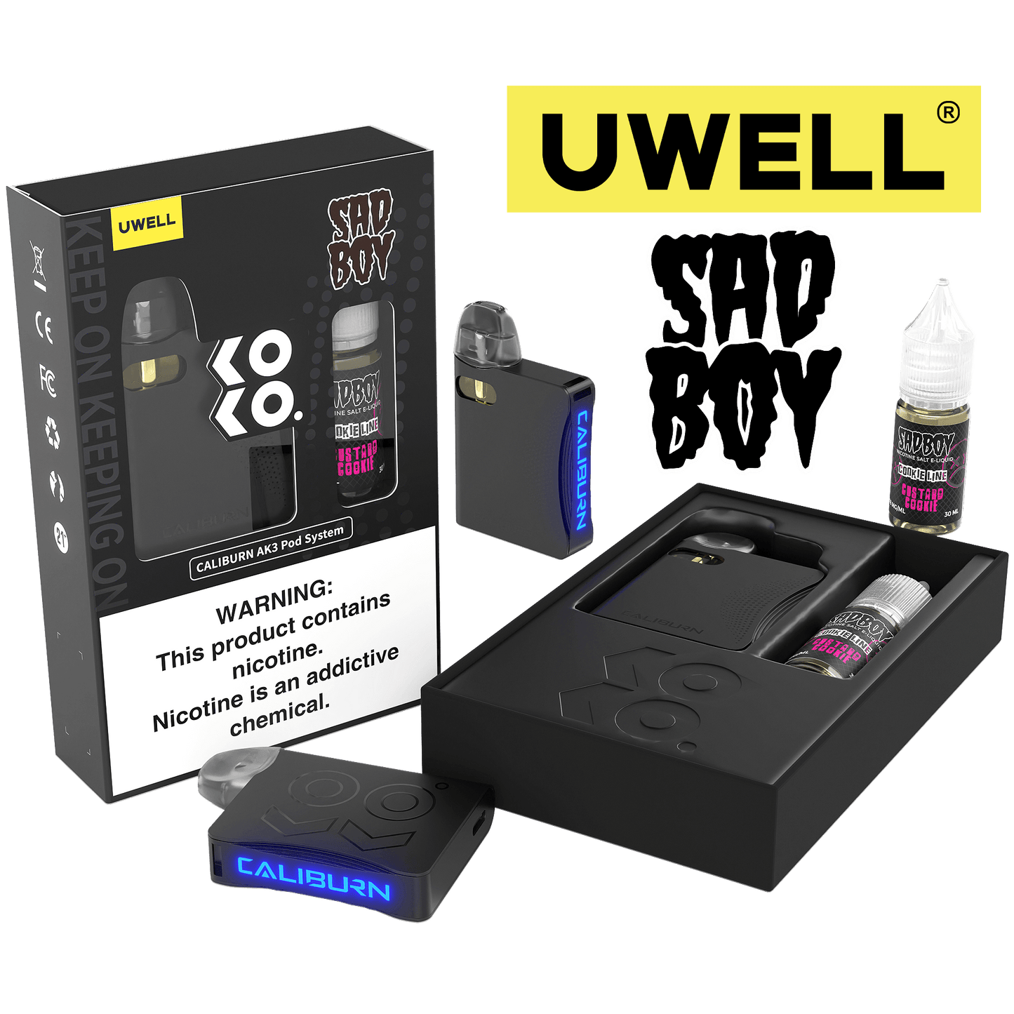 Uwell Caliburn AK3 Kit + A3S 0.8ohm Pods (x2) + Daddy's Vapor 10mL Salts 50mg Color: Black Flavor: Custard Cookie 50mg